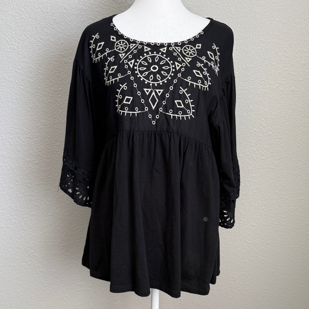 a:glow Black Top with White Embroidery